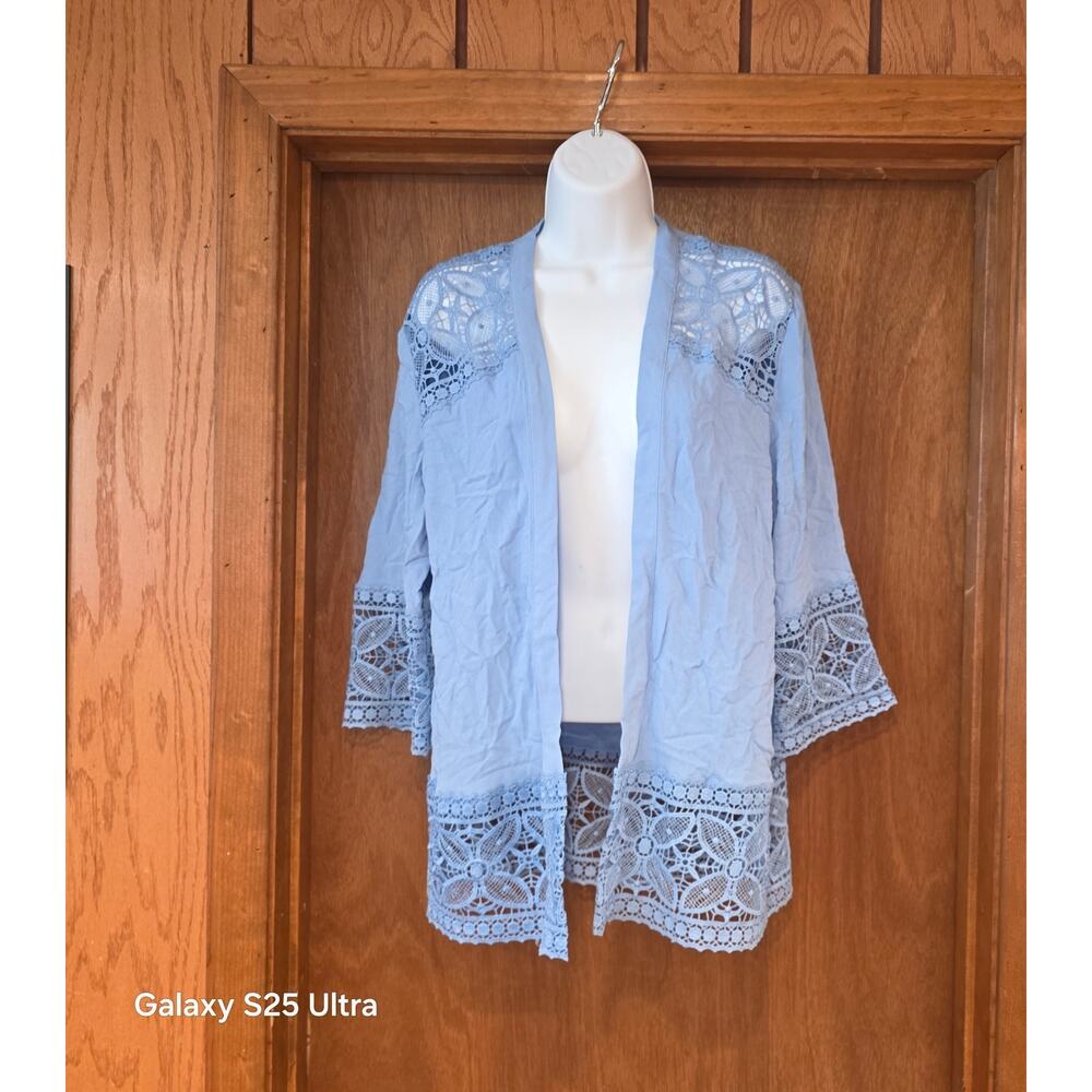 EUC Studio Works, baby blue,‎ open front cardigan, 3/4th sleeve, lace trim  sz M
